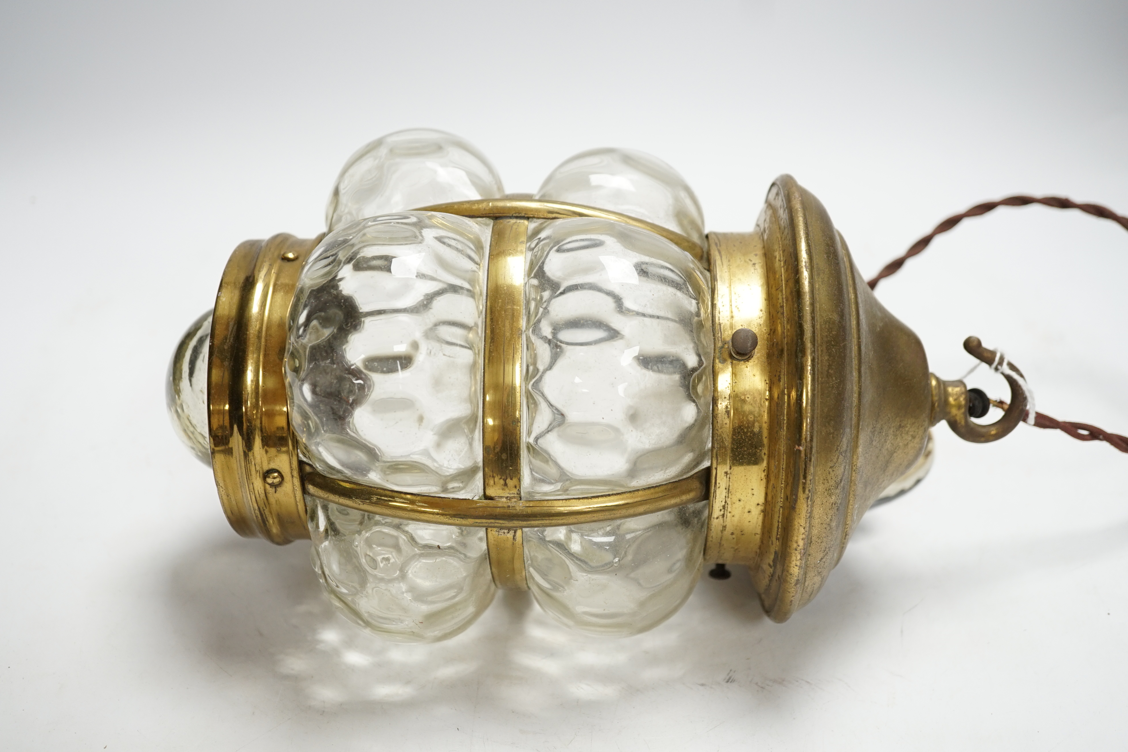 An early 20th century brass and glass hanging lamp fitting, 32cm high